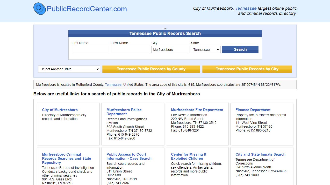 Murfreesboro Tennessee Public Records and Criminal Background Check